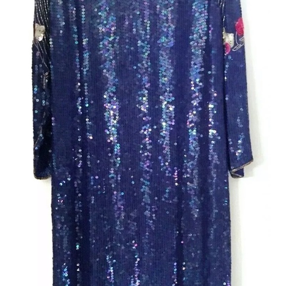 Vintage Royal Blue Sequin Beaded Dress Lined Shoulder Pads Mesh Pink Gold Gatsby - Picture 9 of 13